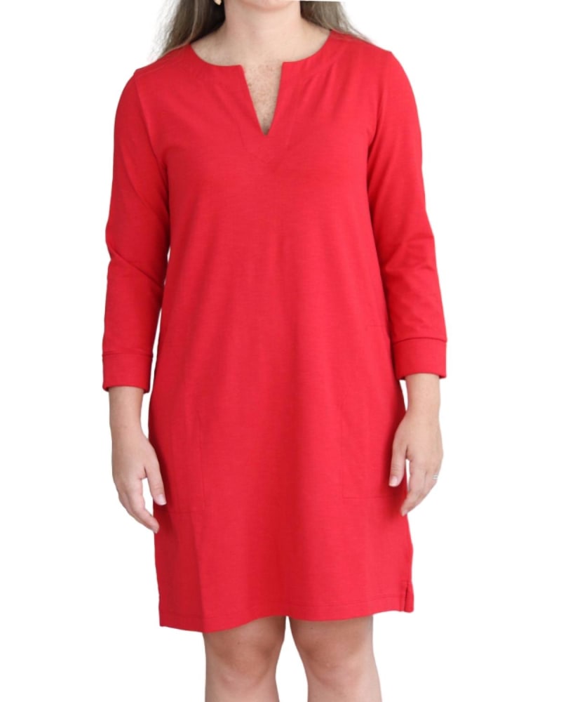 Front of a model wearing a size XL 3/4 Sleeve Split Neck Dress in Ruby in Ruby by Lilla P. | dia_product_style_image_id:339369
